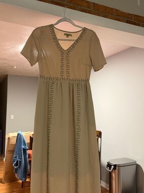 Polagram Tan Maxi Dress with Embroidered Trim